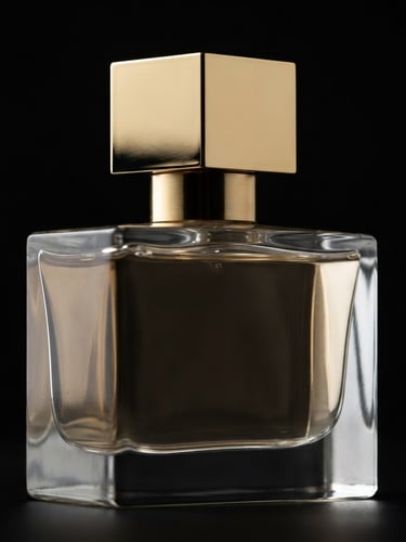 Macro shot of a minimalist luxury perfume bottle, sharp high-contrast studio lighting, deep blacks, gold reflections, 85mm