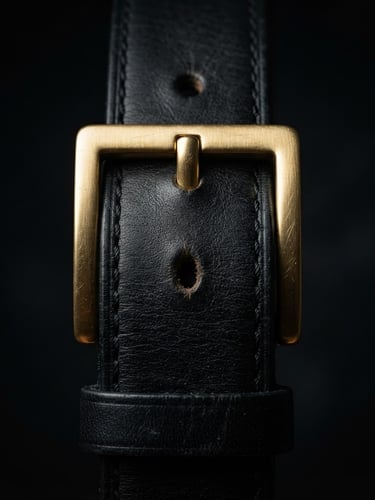 Sharp close-up of a premium black leather belt with a brushed gold buckle, dramatic studio lighting, deep shadows, 85mm portrait composition