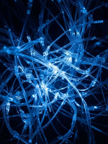 Extreme macro shot of quantum optical fibers, glowing with harsh blue light against a deep midnight background, high contrast.