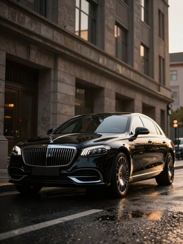 Low-angle heroic shot of a polished black luxury sedan on a wet city street at golden hour, sharp focus, dramatic lighting