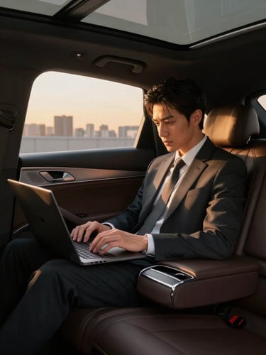 Interior of a luxury sedan back seat, a focused business traveler working on a laptop, soft golden-hour city light streaming through the tinted window, clean leather details, premium automotive photography, 50mm.