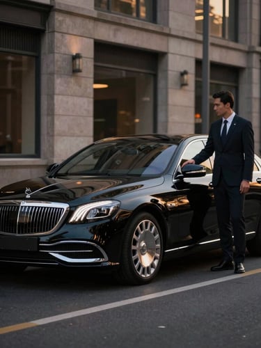 A sleek, highly polished black luxury sedan parked on a clean city street at dusk, golden-hour reflections on the pristine paint, professional chauffeur standing beside the rear door in a tailored dark suit, low-key dramatic lighting, premium automotive photography, 50mm.