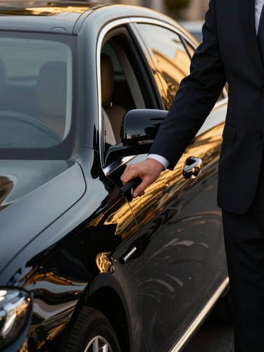 Low-key high-contrast environmental shot of a professional chauffeur in a tailored dark suit opening the door of a pristine black luxury sedan, golden hour city reflections, sharp focus, 50mm