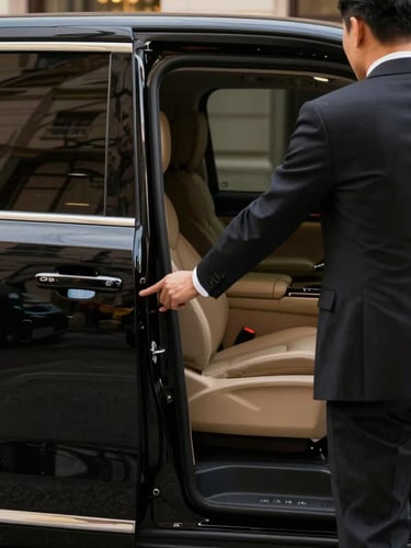 Close-up of a professional chauffeur in a tailored dark suit opening the door of a polished black luxury SUV, clean urban background, dramatic lighting