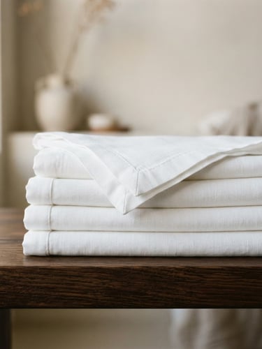 Macro shot of crisp folded white linen on a dark oak shelf, soft morning light, warm editorial photography, 35mm