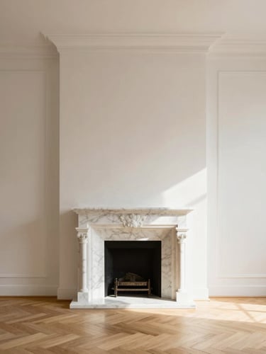 Bright minimalist Parisian apartment interior, sunlit marble fireplace, high ceilings, herringbone parquet floor, soft morning light, warm editorial photography, 35mm
