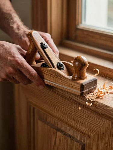 Tactile close-up of a joiner's hand using a wooden hand plane on a historic oak door edge, warm directional window light, fine wood shavings curling off the timber.