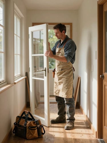 A master joiner in a canvas apron examining a historic sash window frame in a sunlit hallway, toolbag resting on the wooden floorboards nearby.