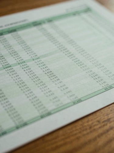 Close-up macro of a physical financial report on a heavy oak table, soft overcast British daylight, structural lines of data, muted forest green tones.