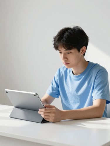 A focused student sitting at a clean minimalist desk with a tablet, soft electric indigo color-gel highlighting the shadows, bright natural daylight, 35mm lens.