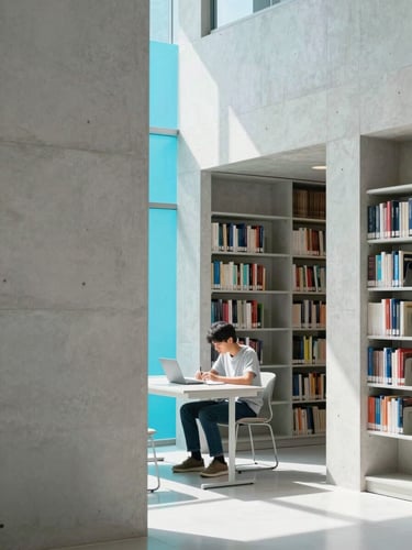 Focused student studying in a modern, sunlit library, architectural concrete walls, soft electric indigo color-gel highlight in the shadows, clean minimalist composition, 35mm lens