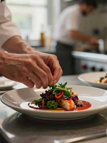Warm editorial photography, soft Scandinavian daylight, rich crimson and forest green tones, shallow depth of field, 35mm. A chef's hands carefully garnishing a dish in a busy kitchen, moody side-lighting, focus on the hands and plate, background slightly blurred.