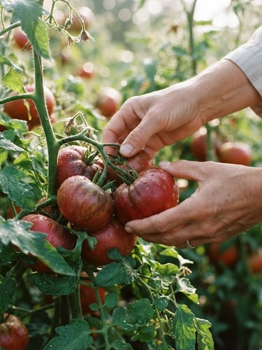 Close-up of hands gently harvesting heirloom tomatoes in soft morning light, dew drops visible, shallow depth of field, warm editorial photography.