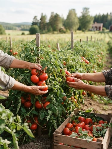 Wide panoramic shot of hands harvesting vibrant red tomatoes in a sun-drenched field, soft Scandinavian daylight, shallow depth of field, rich crimson and forest green tones, 35mm