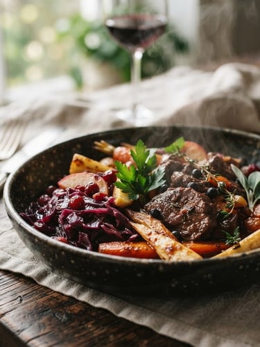Warm editorial photography, soft Scandinavian daylight, rich crimson and forest green tones, shallow depth of field, 35mm. A close-up of a beautifully plated, rustic seasonal dish, steam gently rising, on a dark wooden table, with soft light from the left.