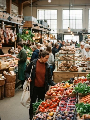 A bustling, vibrant indoor food market aisle, filled with colorful fresh produce, artisanal cheeses, and baked goods, with soft Scandinavian daylight filtering through large windows. Shallow depth of field, rich crimson and forest green tones, 35mm.