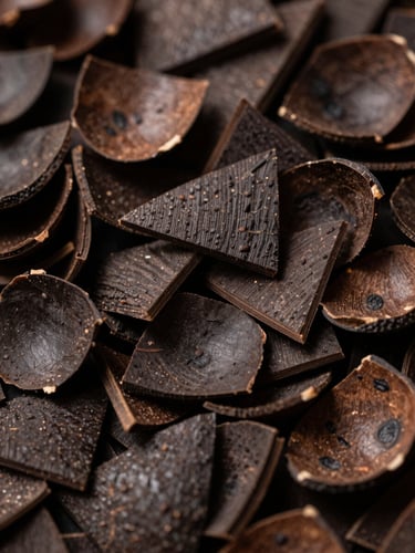 Extreme macro close-up of palm shell biomass fragments — cangkang sawit — dense angular texture filling the frame, matte dark brown surfaces with natural grain detail, overcast north-facing light revealing material uniformity, industrial documentary tone