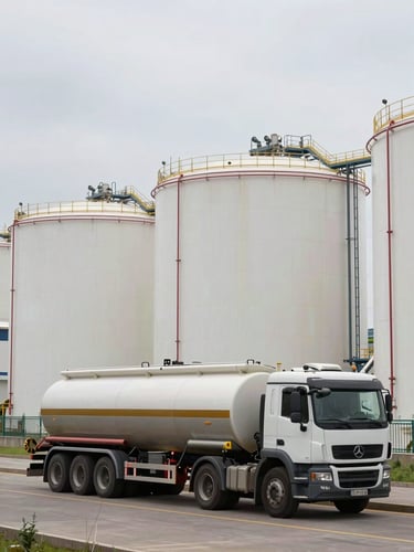 Wide shot of industrial biodiesel processing facility exterior in overcast daylight, large cylindrical storage tanks in the background, a tanker truck loading in the foreground, no people visible, documentary framing