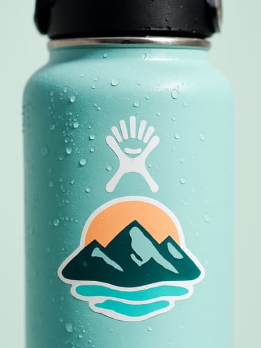 A close-up of a hydro flask with a custom vinyl decal, water droplets on the glossy surface, bright natural daylight, pale mint background, 50mm lens.