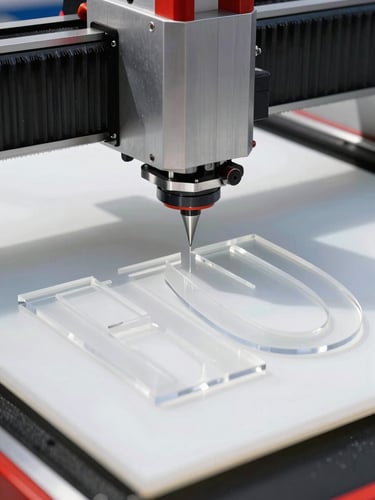 Macro shot of a high-precision CNC router cutting a clean acrylic letter, bright industrial daylight, sharp focus on the polished edge, 50mm lens