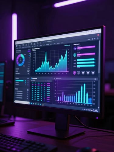 Wide studio monitor displaying vibrant campaign analytics dashboard, neon purple and cyan light sources reflecting off the screen surface, dramatic backlighting from LED rig, close-up framing with dark deep background, metrics graphs glowing in frame