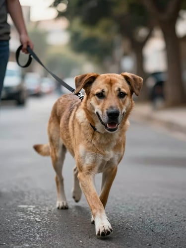 Close-up eye-level view of a medium-sized dog trotting along a shaded Limassol side street, leash held loosely in a caregiver's hand visible at the frame edge, soft morning light filtering through tree canopy above