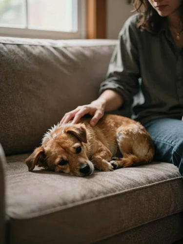 A small dog curled on a home sofa cushion, a caregiver's hand resting lightly on its side, warm late-afternoon light through a window, a lived-in domestic interior, candid and still