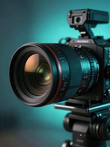 Anamorphic camera rig in a low-light studio environment, dramatic electric cyan backlighting, cinematic lens flare, extreme close-up on the lens