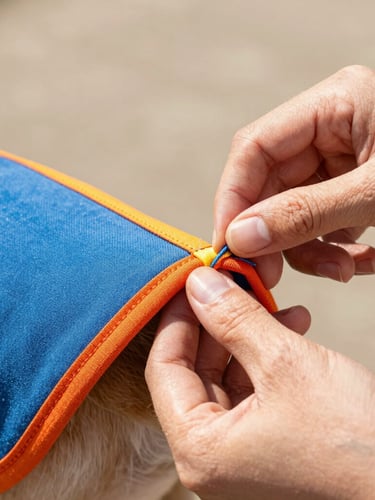 Close-up of hands carefully stitching a colorful fabric edge on a pet shirt, showcasing the detailed handmade textile quality, bright natural daylight, warm tones, 35mm lens.