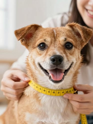 A close-up of a happy small dog being gently measured with a soft yellow tailor tape by a smiling person in a bright room, warm natural light, 35mm lens