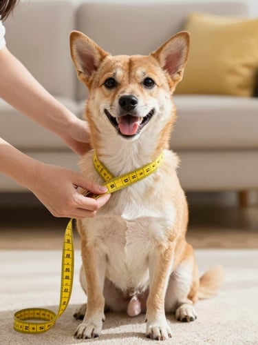 A happy small dog sitting patiently while a person gently measures its chest with a soft yellow measuring tape, bright natural daylight, warm home background