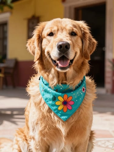 Warm editorial pet photography, a happy golden retriever wearing a colorful handcrafted turquoise bandana, sitting in a sunlit Mexican patio, eye-level angle.