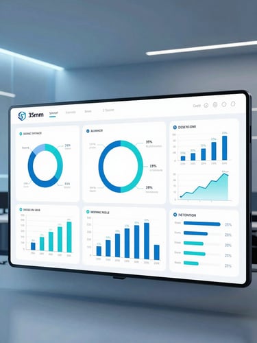 Technical illustration of a business intelligence dashboard with various charts, graphs, and data visualizations, clean corporate aesthetic, cool blue and cyan lighting
