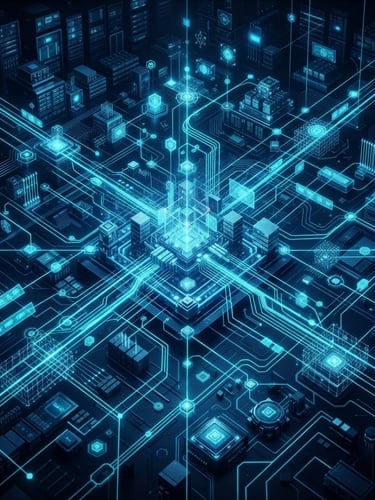 Abstract technical illustration of secure data flow and interconnected systems, glowing cyan lines on a dark blue background, wide angle, 35mm