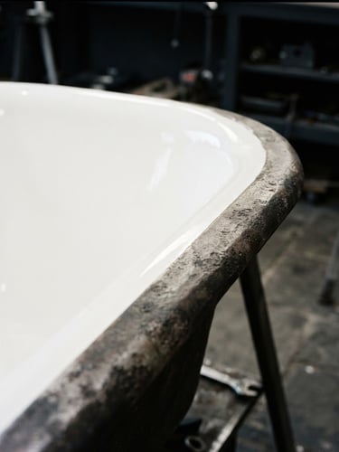 Sharp industrial photography of a vintage cast iron bathtub restored to a flawless, crisp porcelain white finish, bright natural light, macro detail, 35mm
