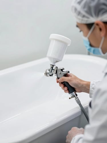 Sharp industrial photography of a technician in a clean branded uniform using a precision spray gun to apply white glaze to a bathtub, bright clean work light, 35mm