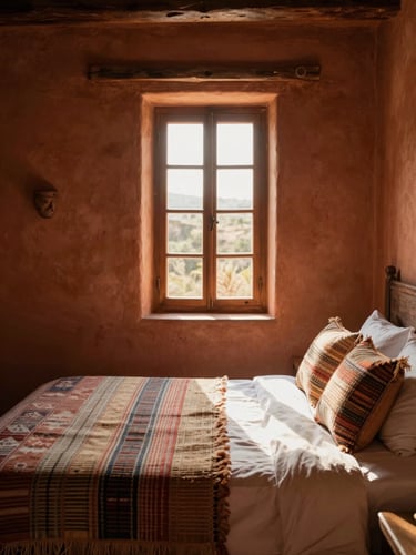 Warm editorial portrait of a cozy rustic hotel bedroom, golden-hour sunlight filtering through a wooden window onto woven handloom textiles and terracotta clay walls, 35mm.