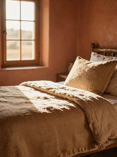 Cozy rustic bedroom with hand-woven cotton textiles, warm golden-hour sunlight filtering through a wooden window frame, terracotta walls, shallow depth of field.