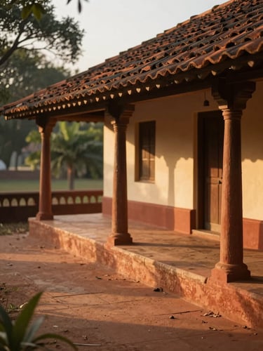 Warm editorial photography of a sun-drenched clay-tiled verandah of a heritage homestead in Maharashtra, golden-hour sunlight casting long soft shadows, 35mm.