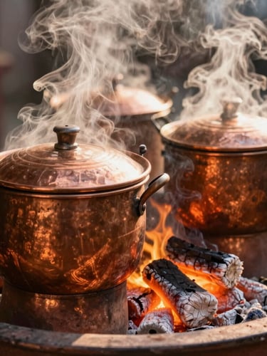 Medium editorial shot of steam rising from traditional copper vessels over hot glowing coals, warm firelight, rich terracotta tones, shallow depth of field, 35mm.