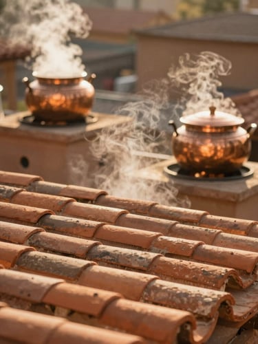 Warm editorial photography of sun-drenched clay tiled roofs with steam rising from traditional copper vessels in the background, 35mm golden hour, shallow depth of field.