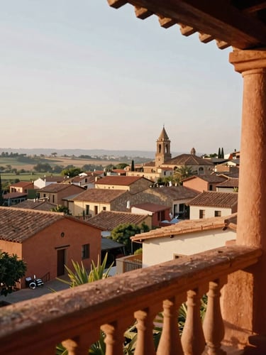 Wide-angle editorial view of a serene village landscape from a clay-tiled hotel verandah, warm morning light, terracotta pillars, 35mm.