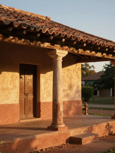 Warm editorial photography of a sun-drenched clay-tiled verandah of a heritage homestead, golden-hour sunlight casting long shadows, 35mm.