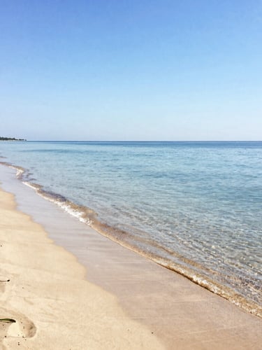 Bright coastal photography of Albena beach with golden sand, crystal-clear calm water, sun-drenched natural light, editorial travel style