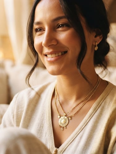 Close-up of elegant gold-toned stainless steel necklace worn by a Moroccan woman, natural pose, warm skin tone, soft golden-hour window light, shallow depth of field, styled on ivory linen, editorial photography.