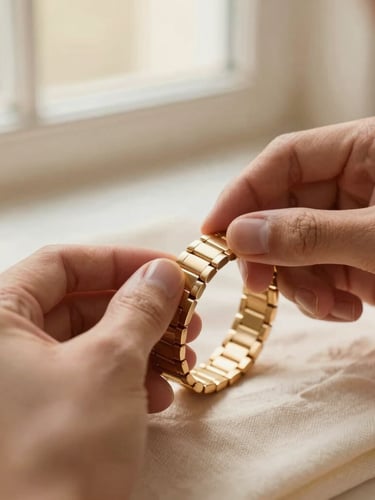 Close-up of hands delicately polishing a champagne gold stainless steel bracelet on a soft ivory cloth, diffused window light, workshop setting, editorial photography.