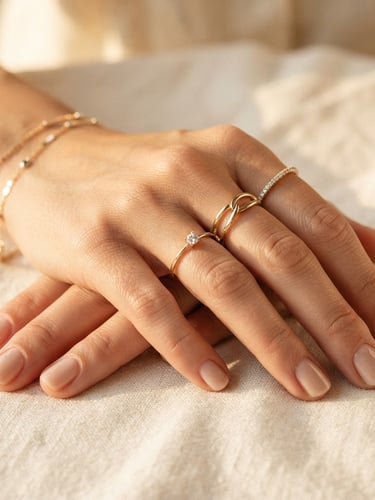 Close-up macro of a woman's hand wearing elegant champagne gold rings and a delicate bracelet, warm golden-hour window light reflecting on polished stainless steel, soft ivory linen background