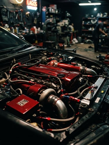 Low-angle heroic shot of a heavily modified performance car engine bay with red carbon fiber details, dramatic rim lighting in a dark Lagos workshop, 35mm film style.