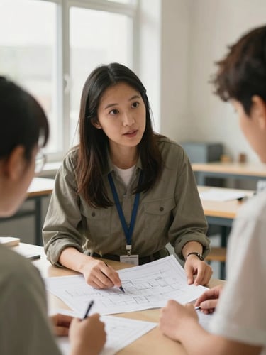 Candid mid-shot of a female vocational instructor explaining technical blueprints to a student in a bright, modern workshop, soft natural daylight, warm muted tones, 35mm lens