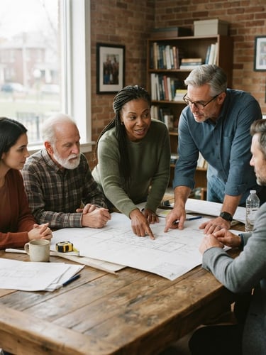Candid mid-shot of community leaders discussing architectural blueprints around a wooden table, soft natural daylight streaming through a large window, warm muted tones, 35mm lens.